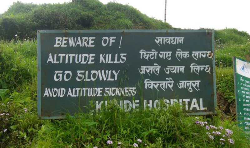 Caution Sign on the way to Everest Base Camp on Altitude Sickness