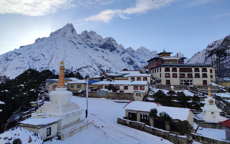 tengboche monastery during snowfall