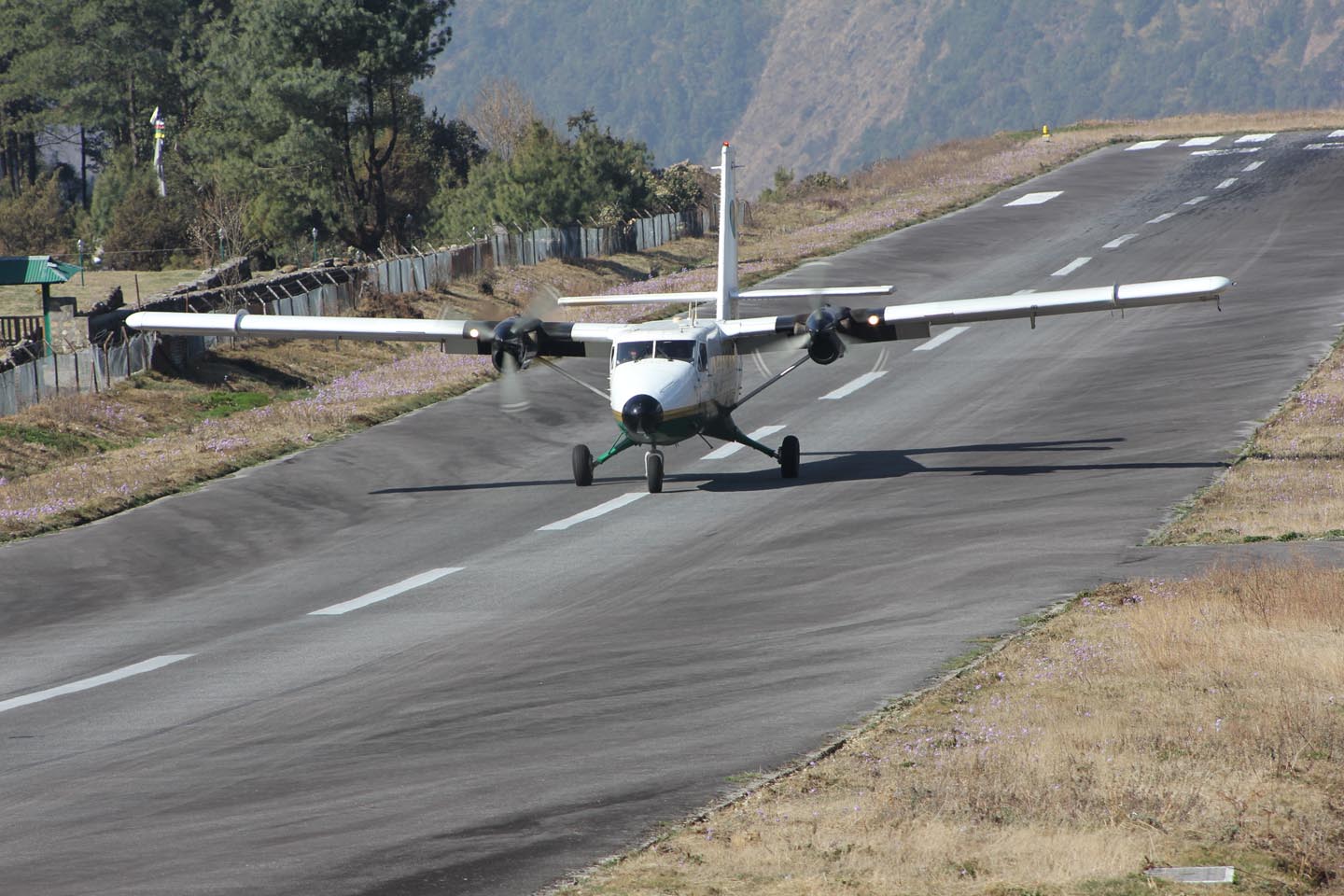 A plane landing at Lukla Airport.