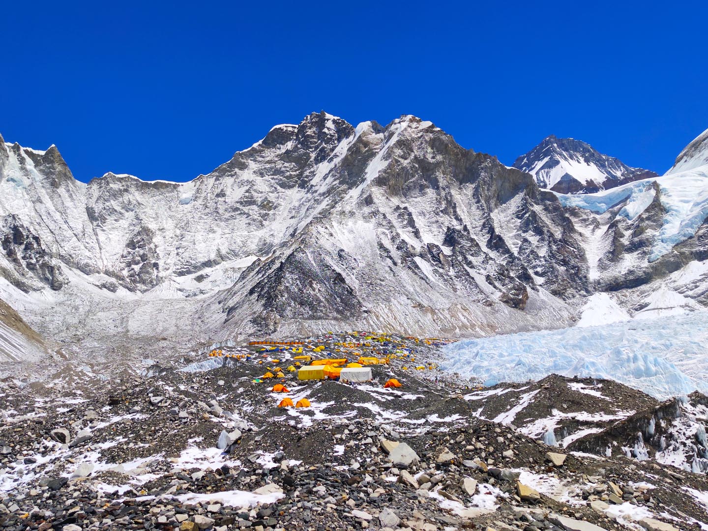 Colorful tents at Everest Base Camp during climbing season