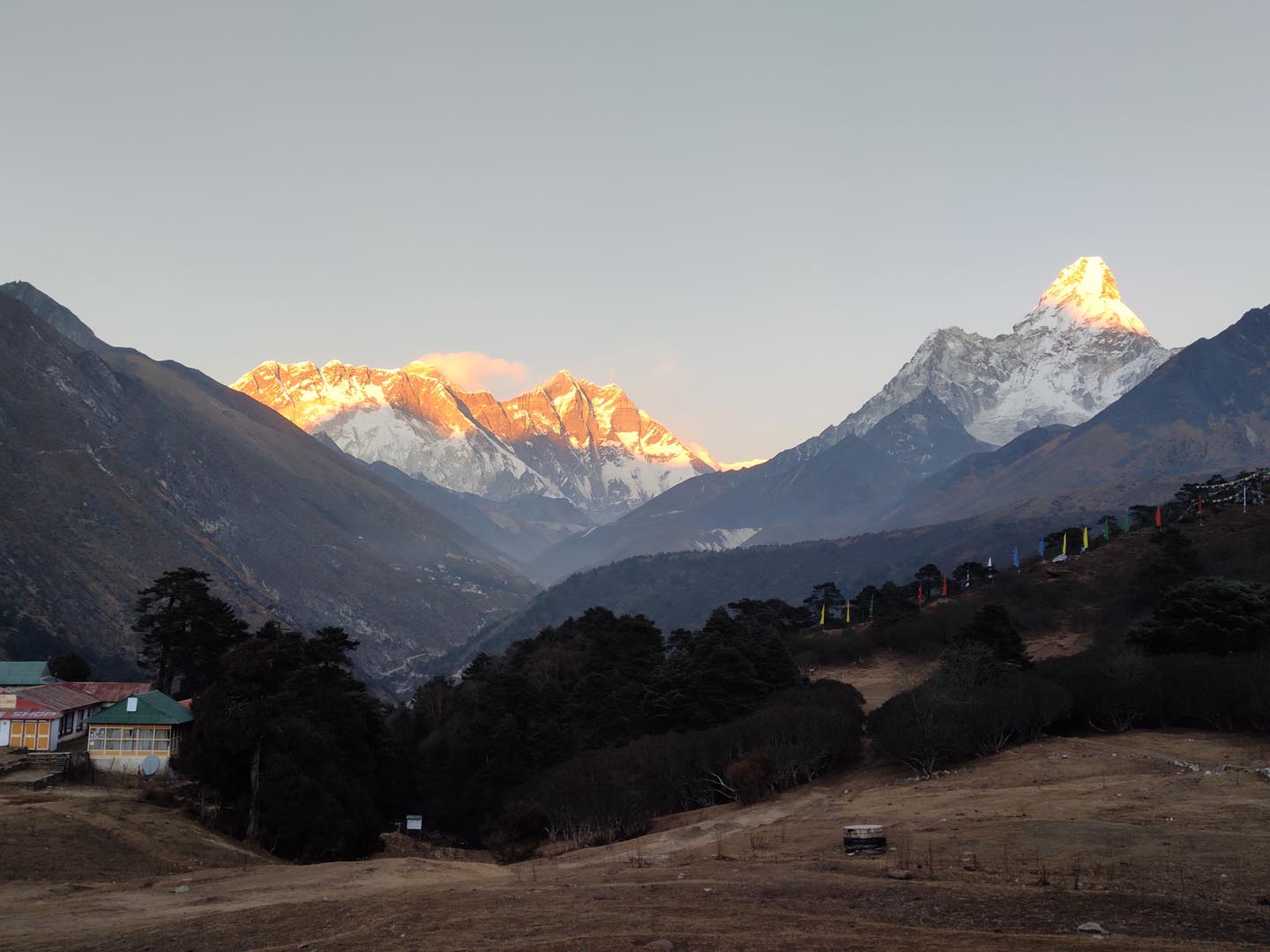 Morning rays on Mount Everest and Mount Lhotse as seen from Tengboche