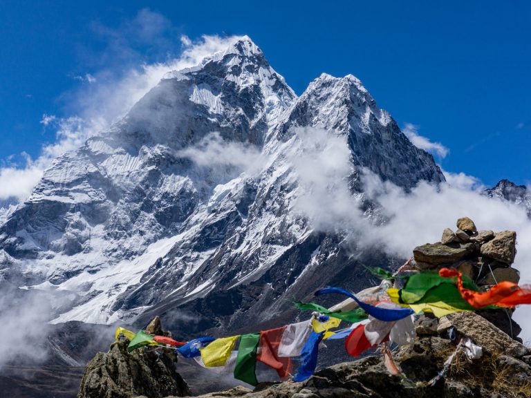 Amadablam framed by fluttering prayer flags