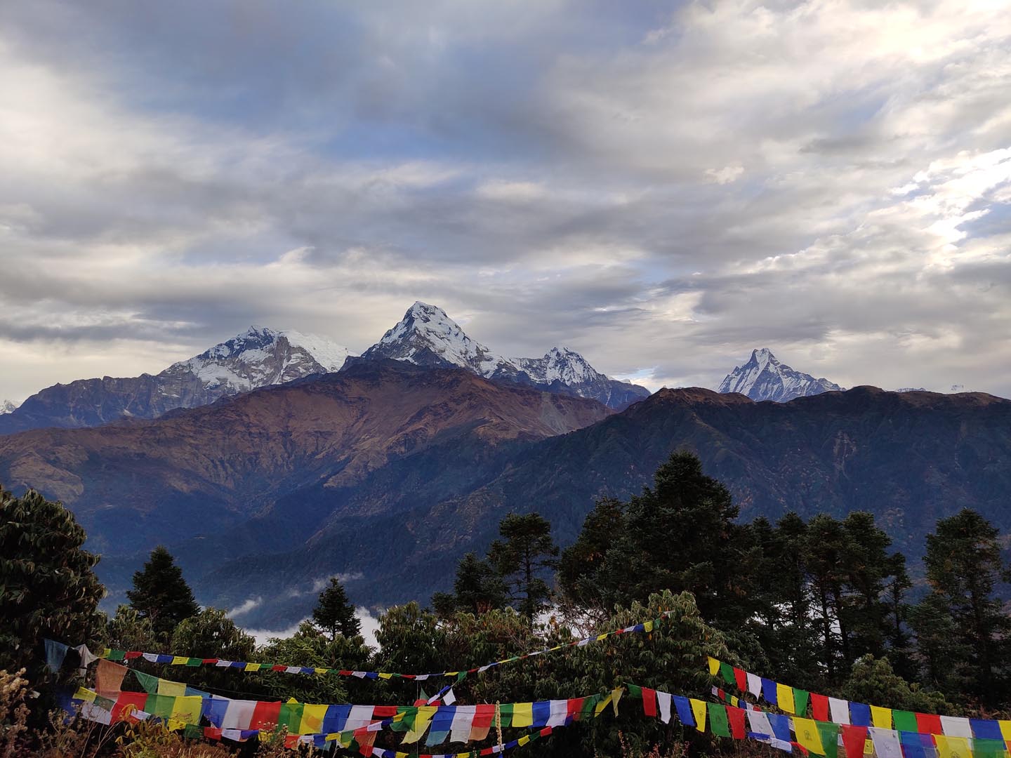 View of Annapurna South with prayer flags from Ghorepani Poon Hill