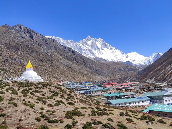 Dingboche valley with guesthouses and mount Lhotse