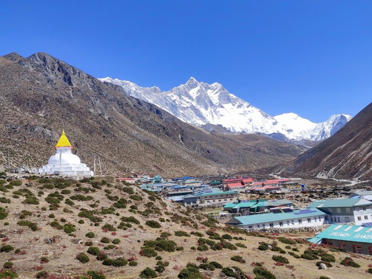 Dingboche valley with guesthouses and mount Lhotse