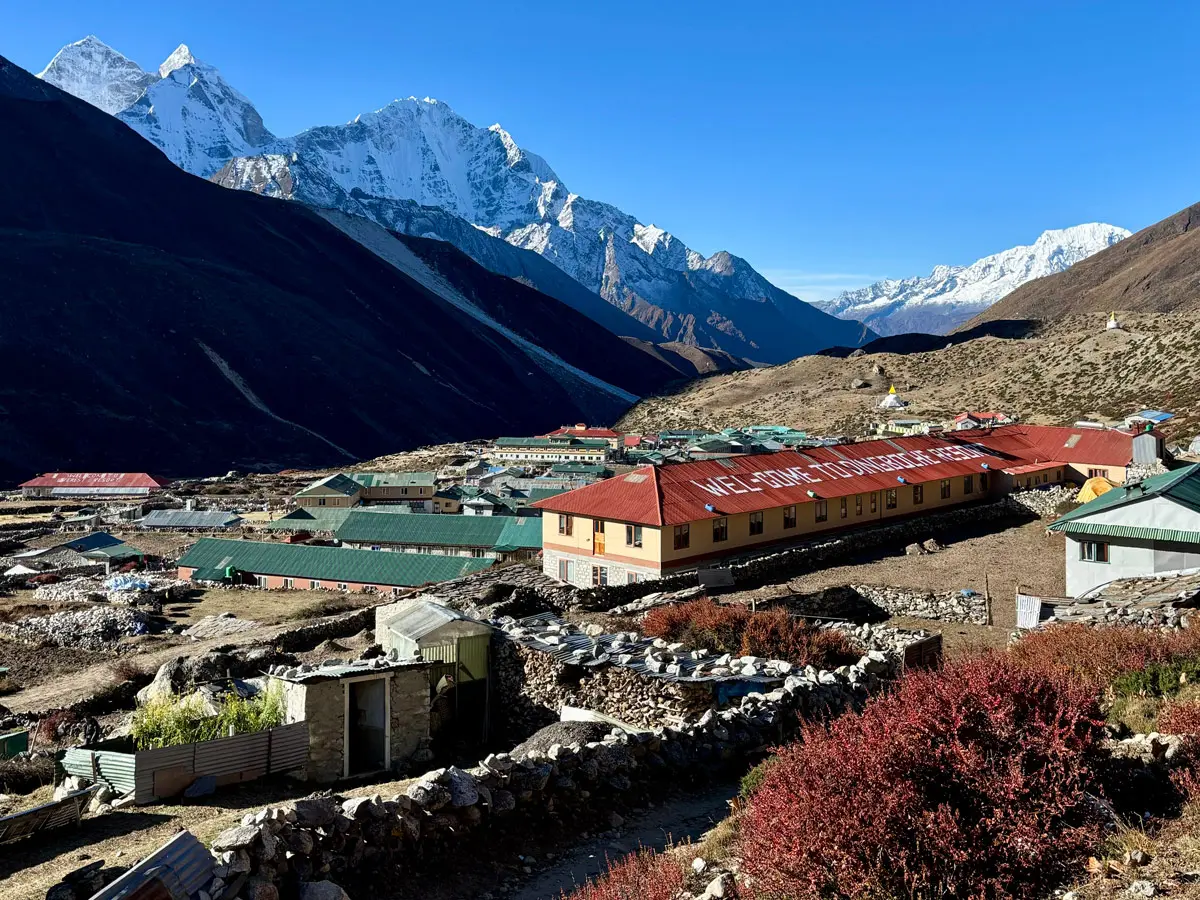 A perfect Himalayan day in Dingboche — clear skies and iconic peaks all around.