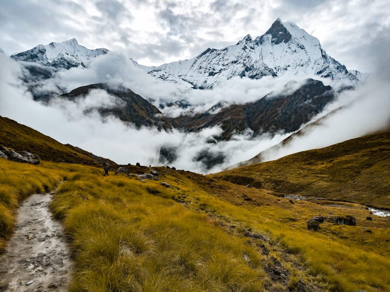 Mt Machhapuchhre rising above drifting clouds during Annapurna Base Camp Trek
