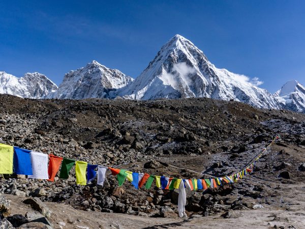 Mount Pumori and prayer flags