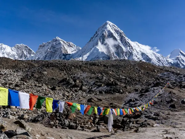 Mount Pumori and prayer flags