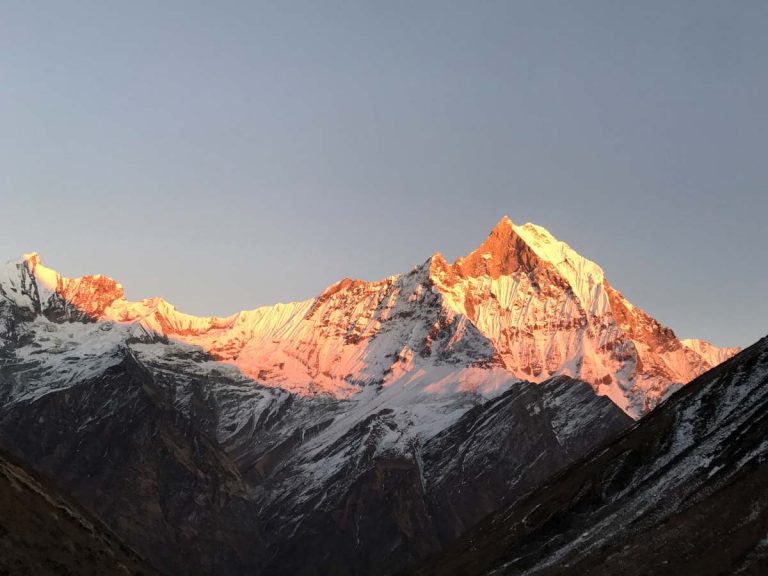 Sunset view of Machhapuchhre mountain from Annapurna Base Camp