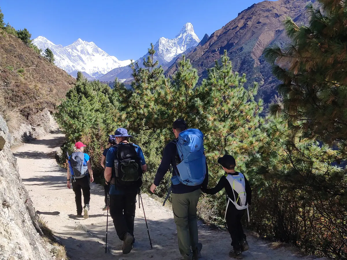Trekking towards Tengboche with stunning mountain views ahead