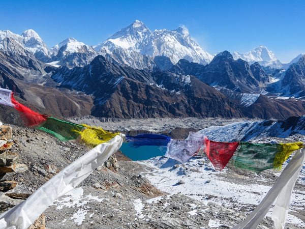 View from Renjo La Pass with prayer flags