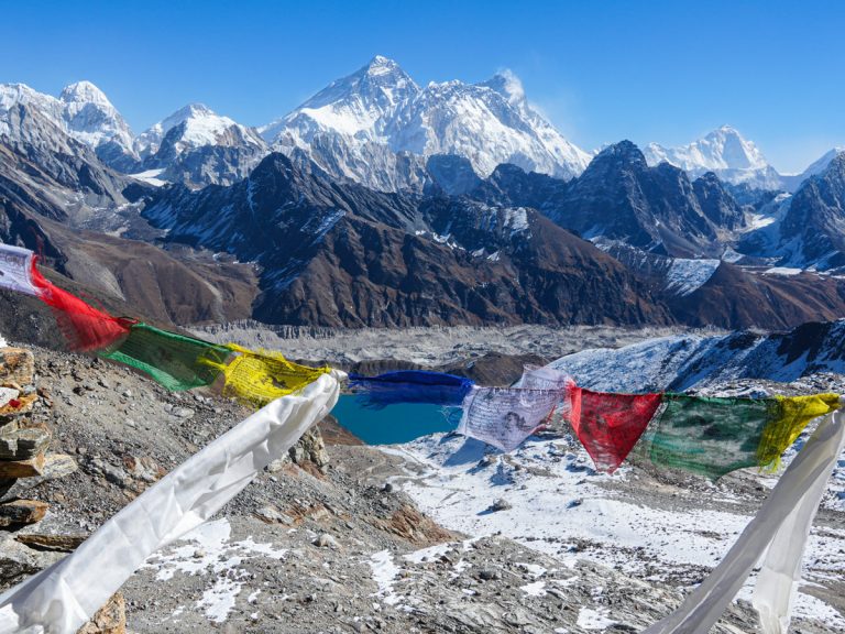 View from Renjo La Pass with prayer flags