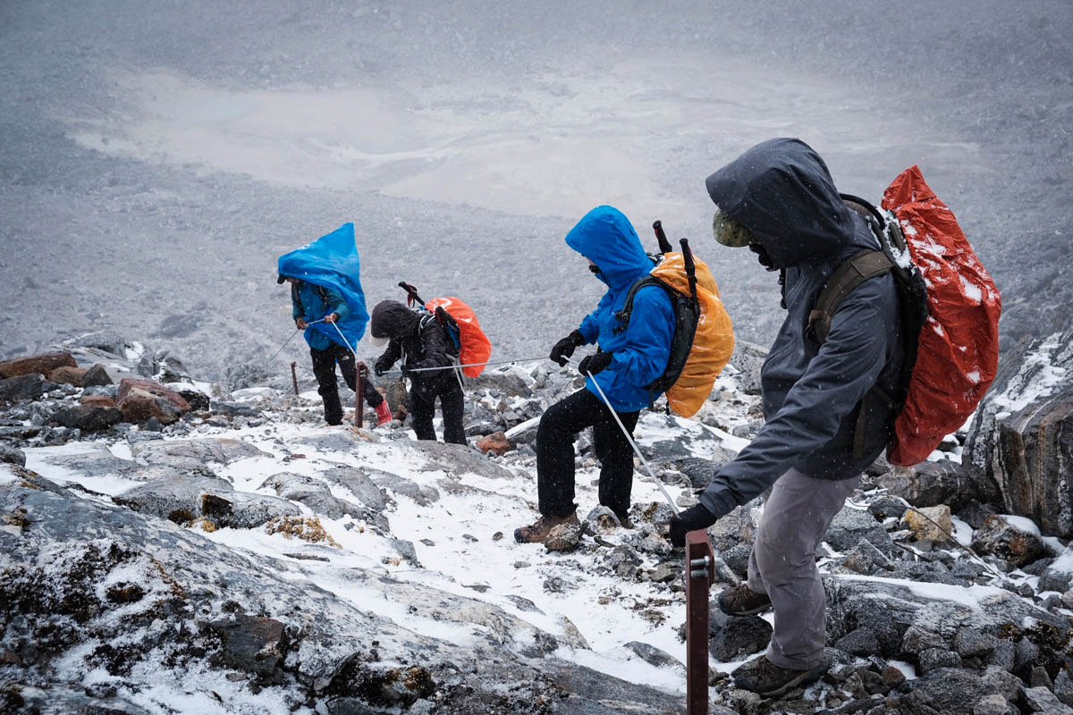 Crossing Cho La Pass during snowfall