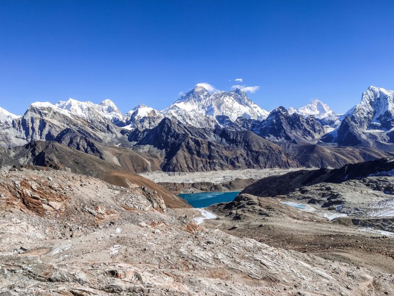 View of Mt Everest and Gokyo Lake from Renjo La Pass