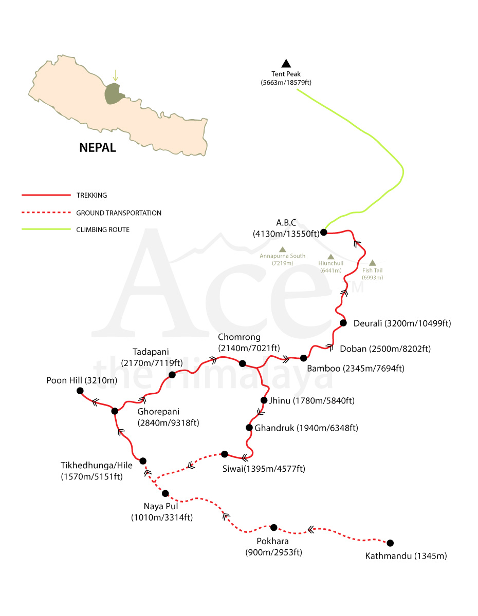 Tent Peak Climbing with Annapurna Base Camp map
