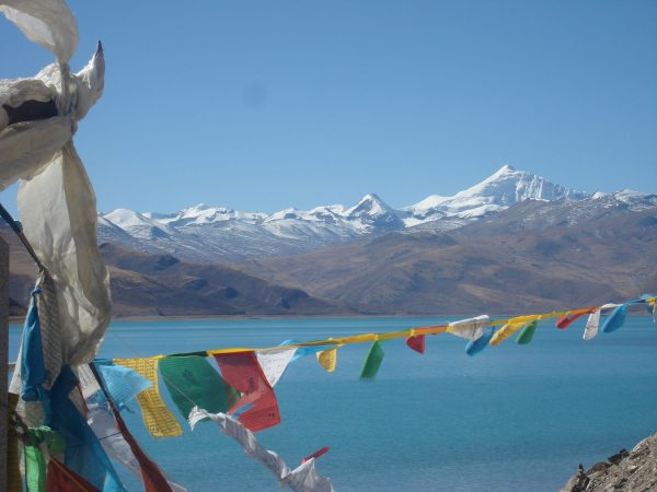 Mansarovar lake with prayer flags