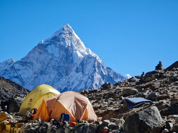 Climbing tents at Lobuche East High Camp with Mt. Amadablam