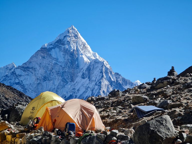 Climbing tents at Lobuche East High Camp with Mt. Amadablam