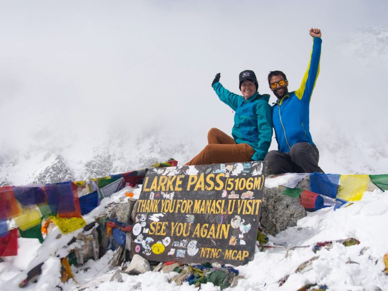 Joyous trekkers at Larkya La Pass, Manaslu Circuit