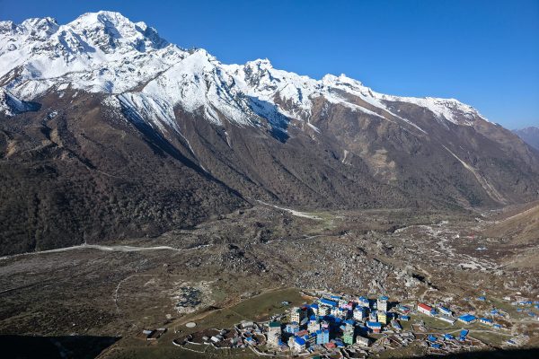Kyanjin Gompa with a stunning Himalayan backdrop.