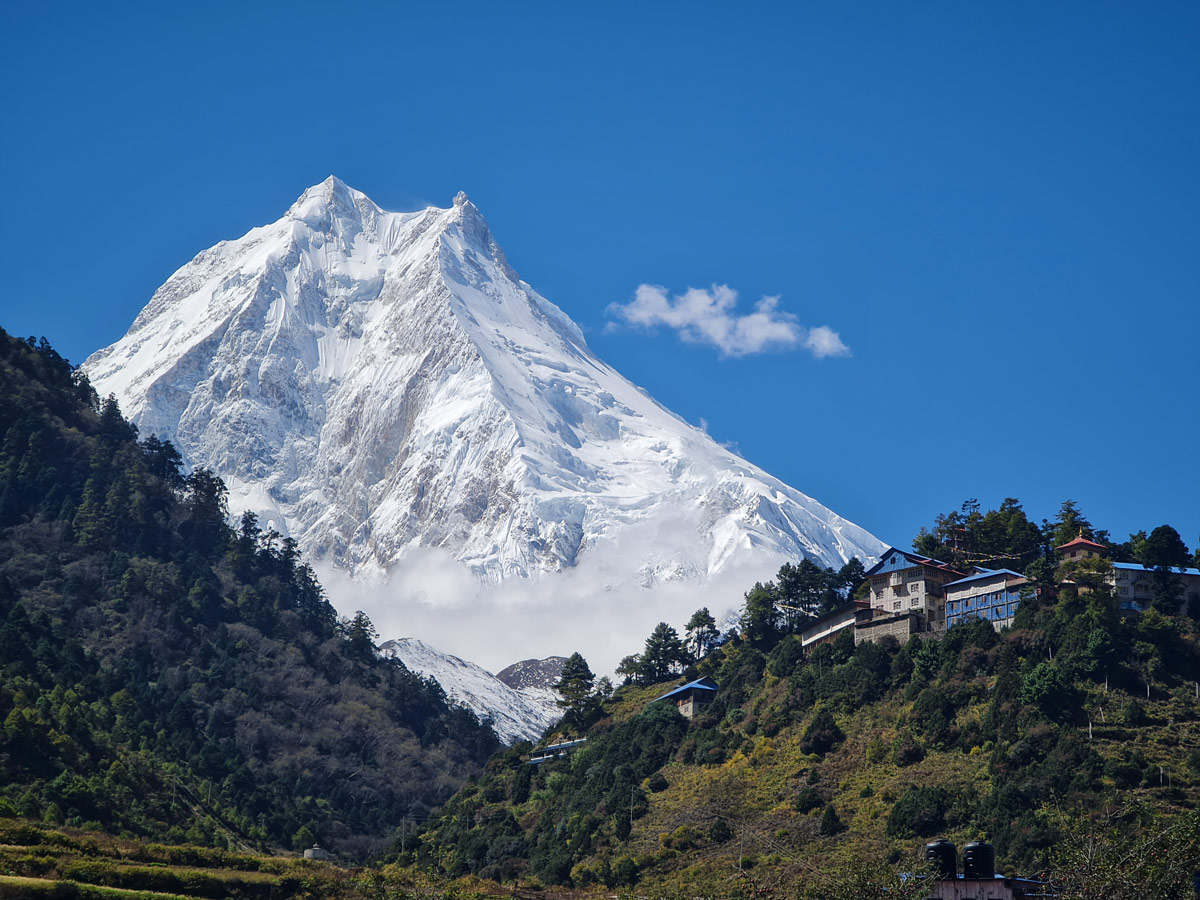 Breathtaking view of Mt. Manaslu from Lho Village on the Manaslu Circuit Trek.