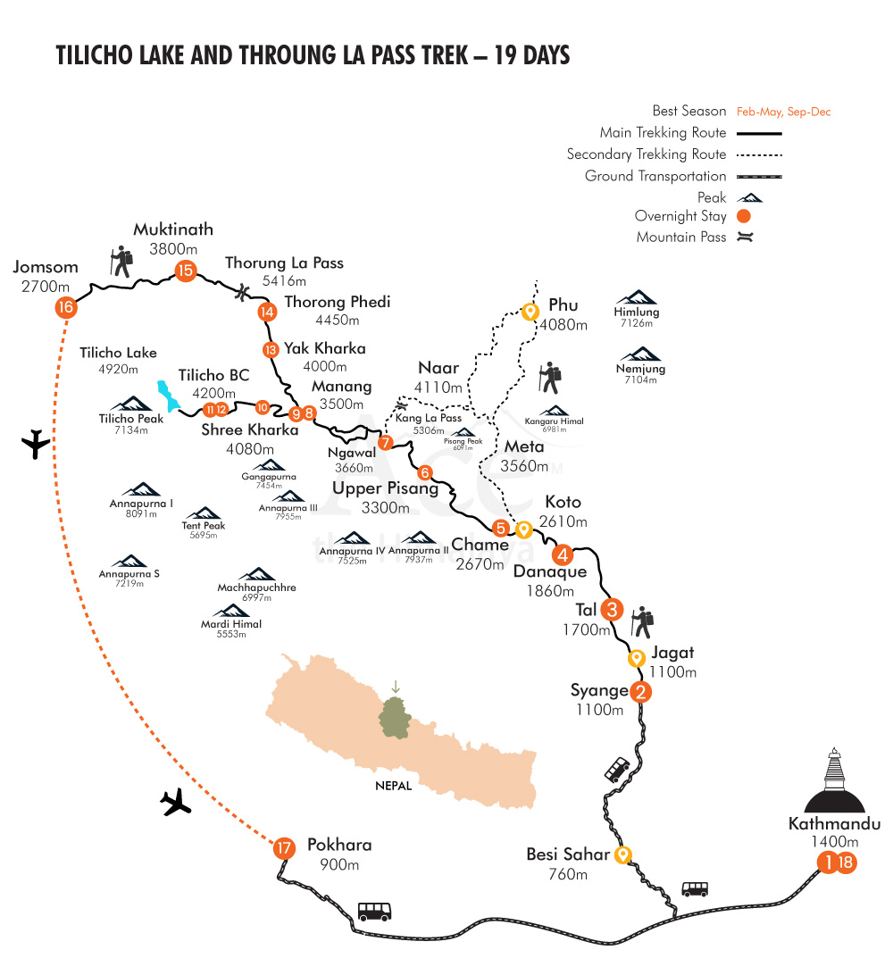 Tilicho Lake Trek With Thorong La Pass map