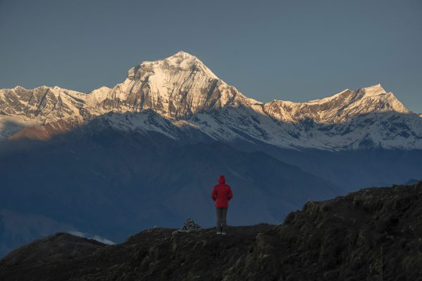 Trekker gazing at Mount Dhaulagiri from Khopra Danda