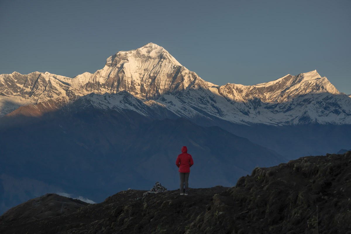 Trekker gazing at Mount Dhaulagiri from Khopra Danda