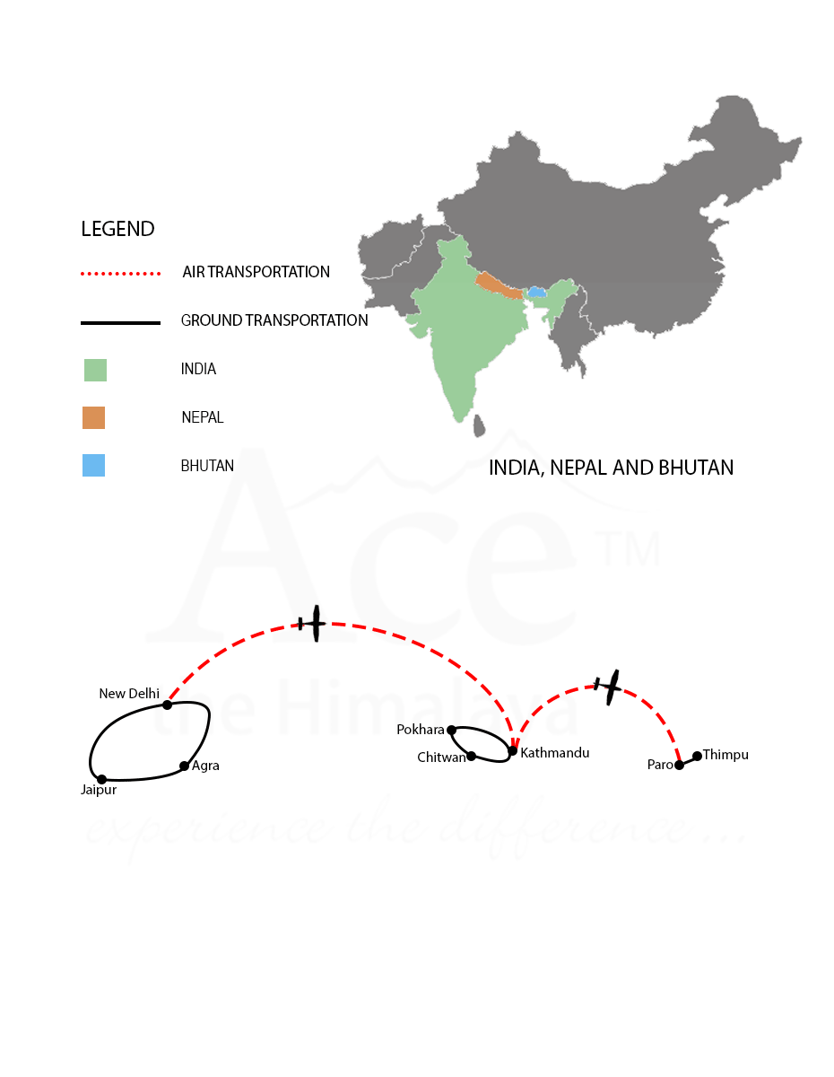 India, Nepal and Bhutan map