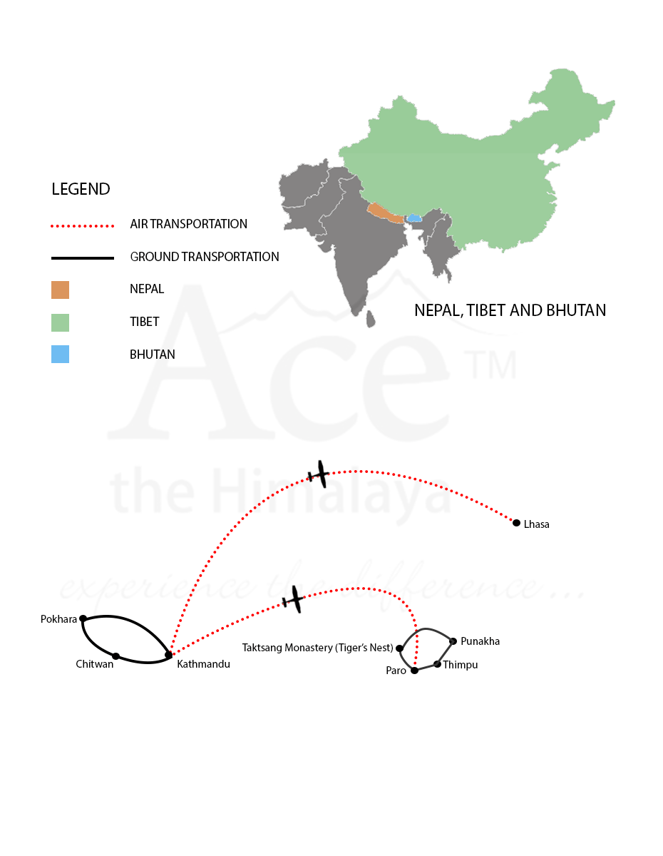 Nepal, Tibet and Bhutan map