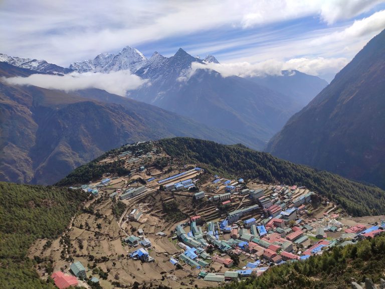 Top view of Namche Bazaar with mountains on the horizon