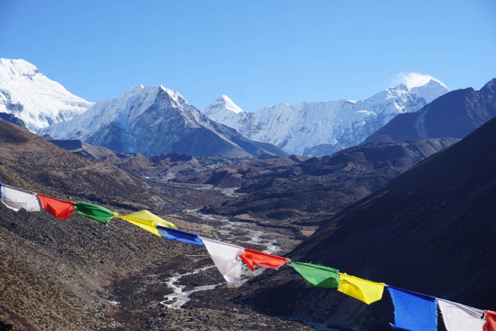 Mountain view from Nangkartsang Peak with prayer flags