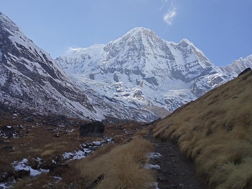 Annapurna base camp trail with Mt. Annapurna South in the background