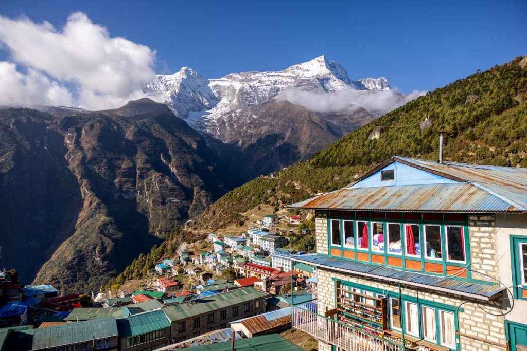 Accommodation During Everest Base Camp Trek 3 Namche Bazaar with mount Kongde Ri in the background