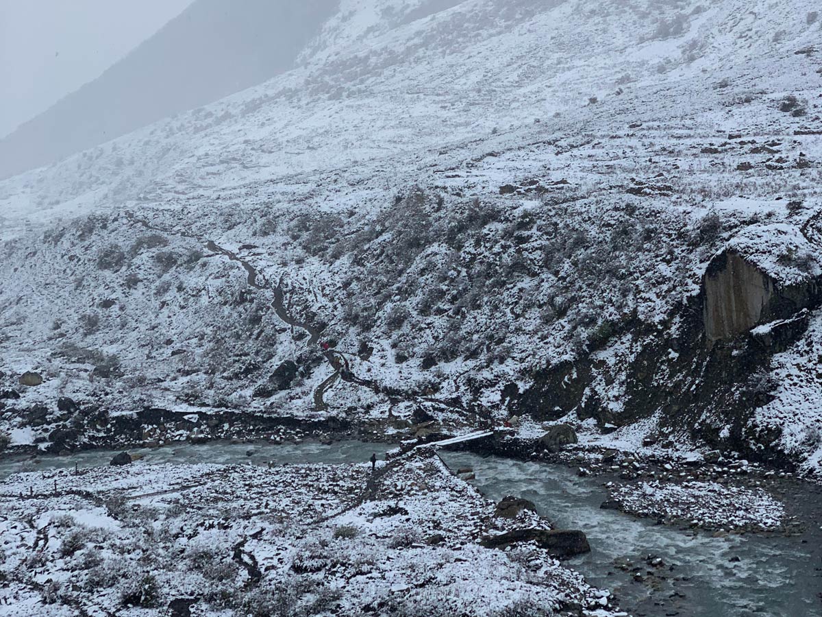 Best Time for Manaslu Circuit Trek 6 A snow covered trail on the way to Samdo from Samagaun