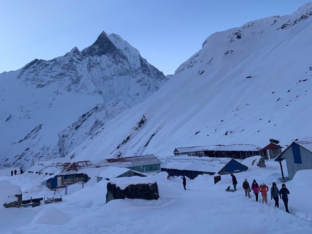 Annapurna base camp covered in snow