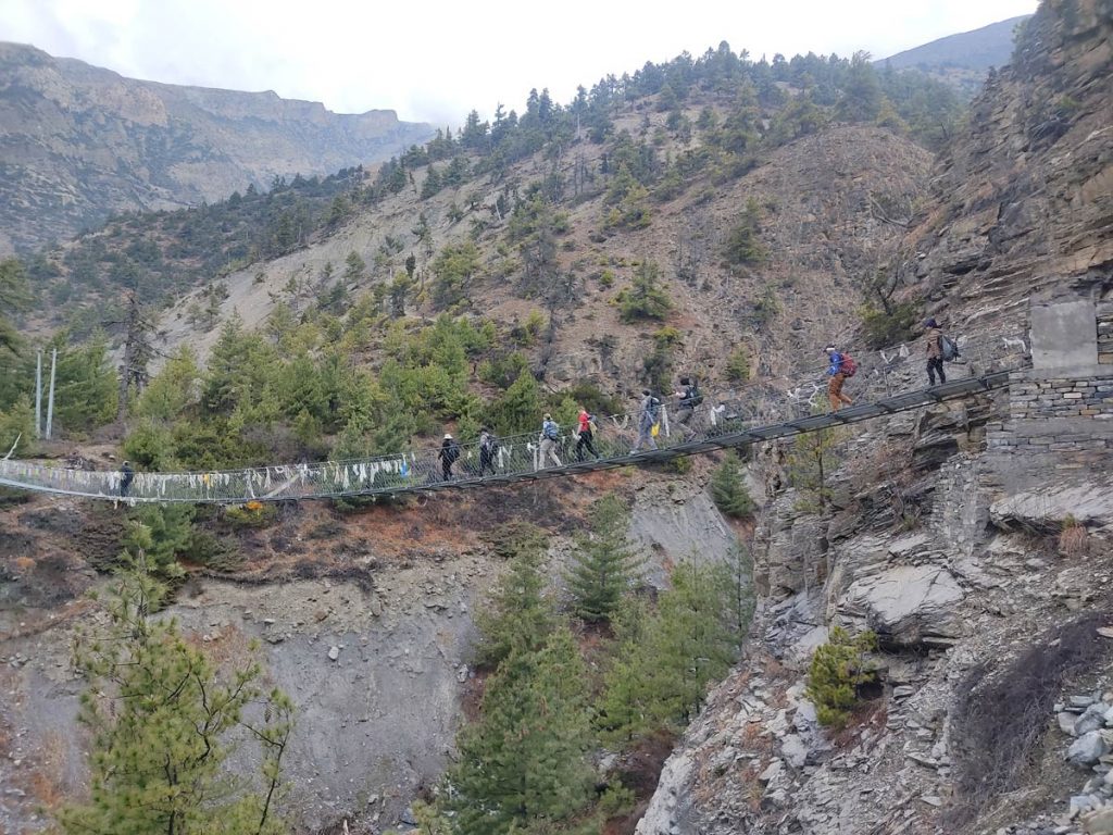 Trekkers crossing suspension bridge, Annapurna Circuit
