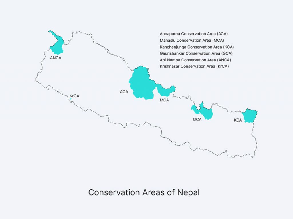 Location of Conservation Areas of Nepal in map