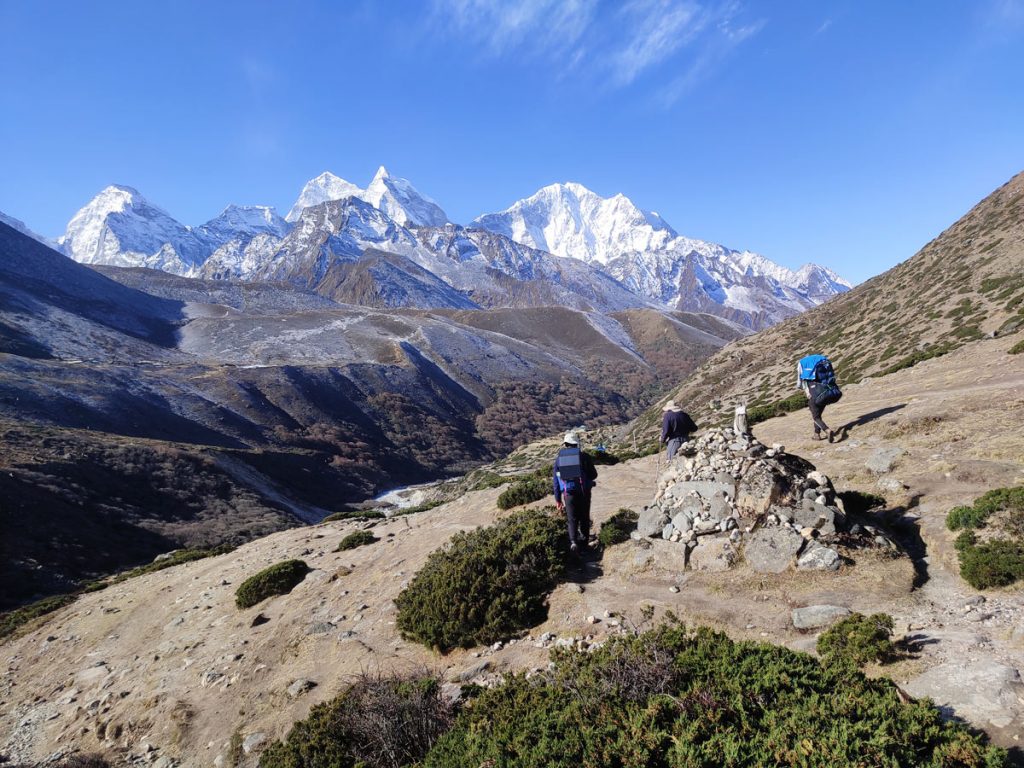 Trekkers Descend Pheriche Pass on Return from Everest Base Camp