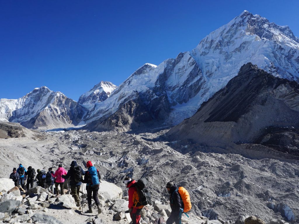 Trekking through the Himalayan terrain en route to Everest Base Camp.