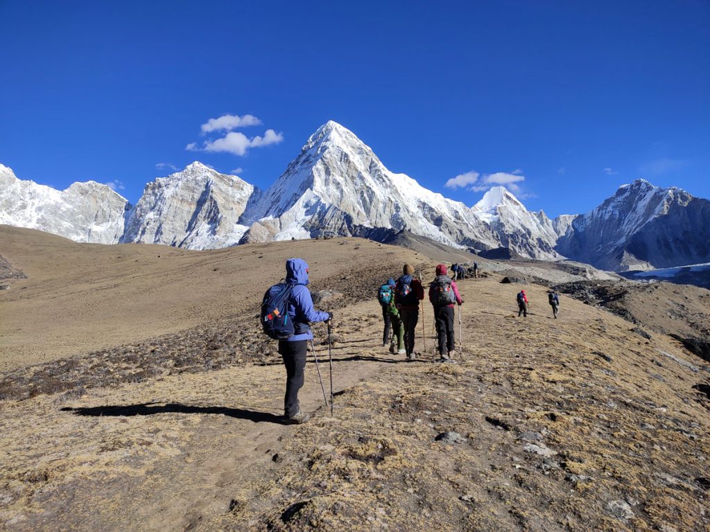 On the trail to Gorakshep with Mt. Pumori in the background
