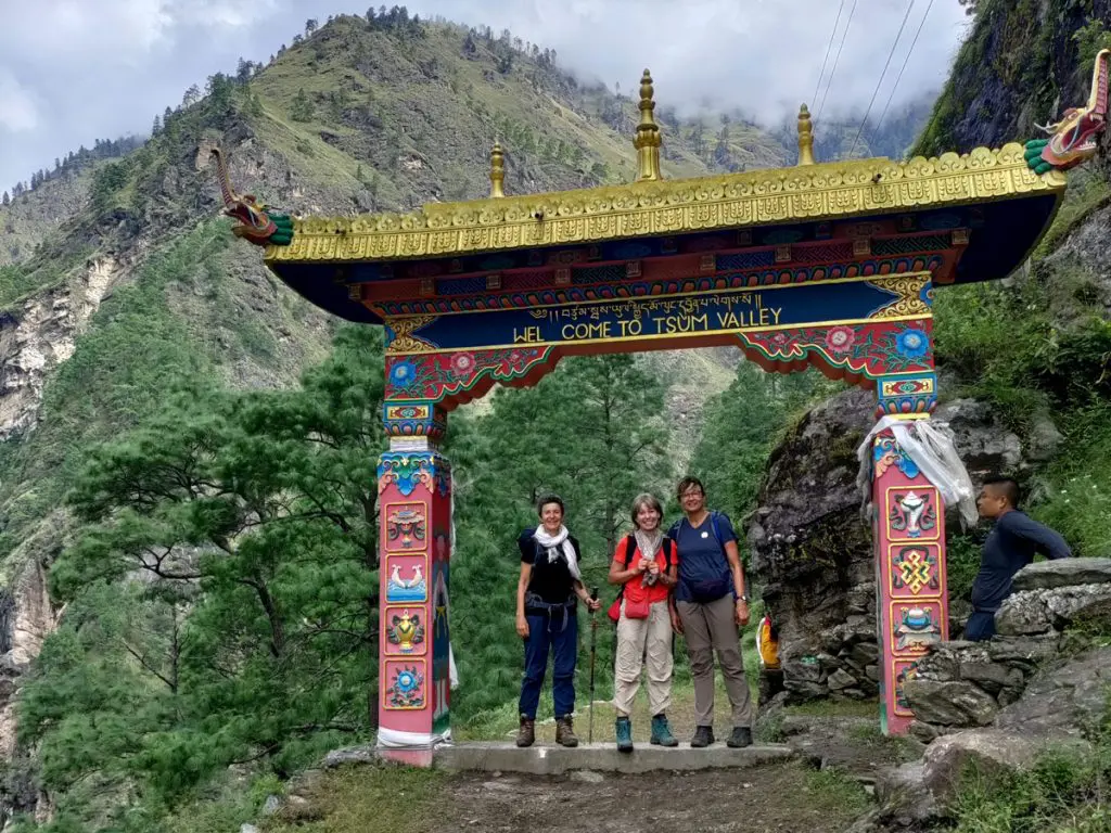 Challenging Treks in Nepal 12 Trekkers entering the Tsum Valley gate