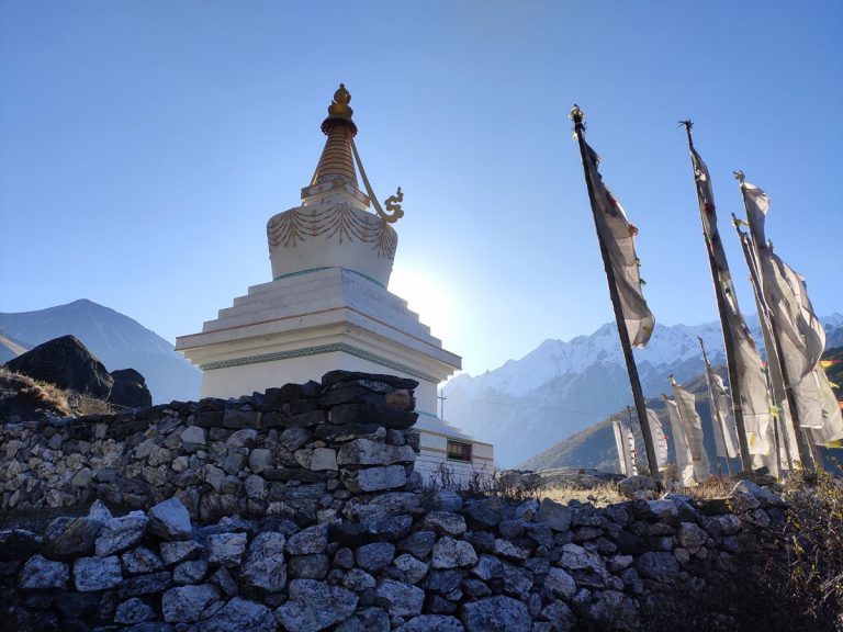 Stupa and prayer flags along the Langtang valley trail
