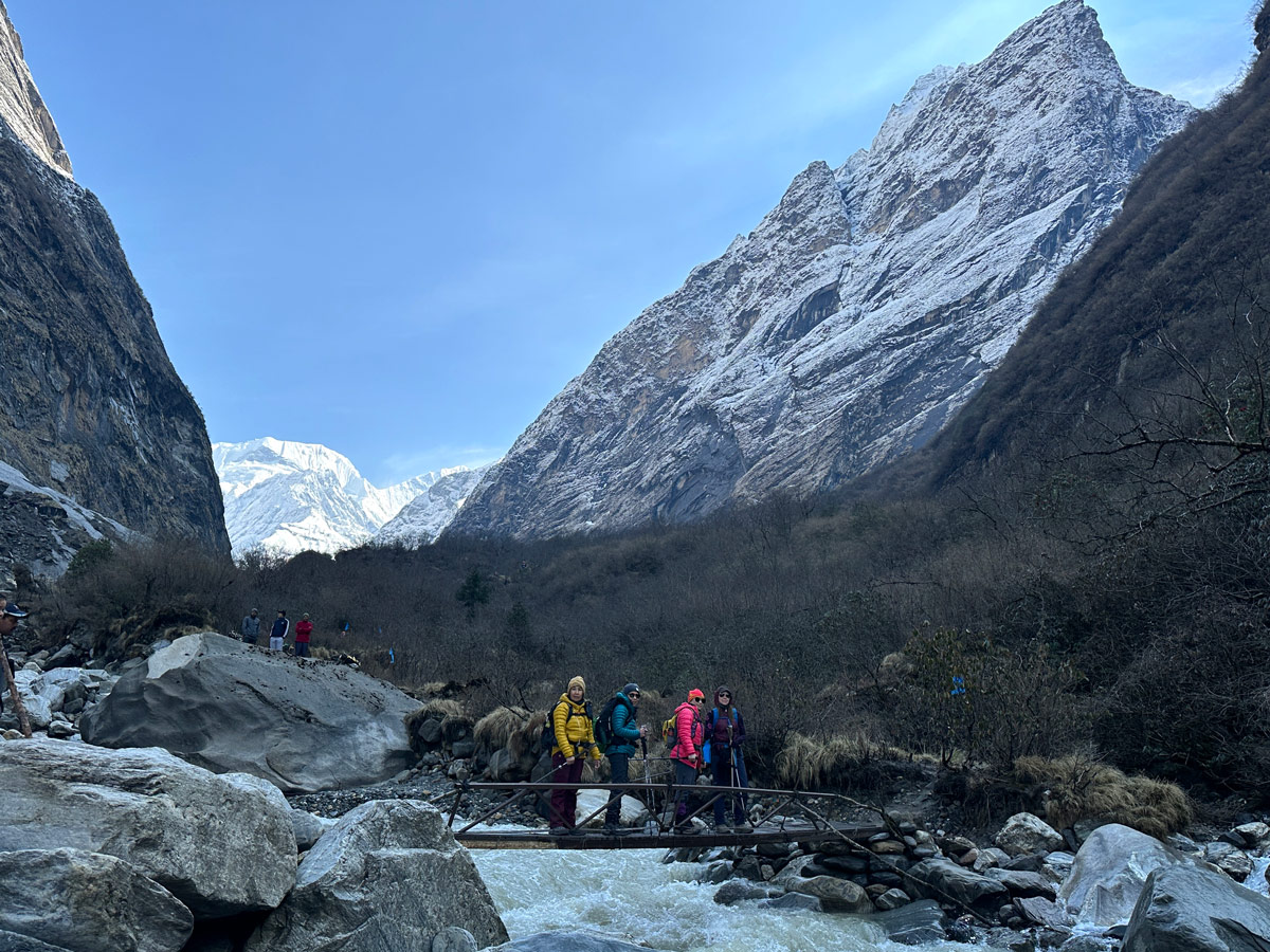 Is Annapurna Base Camp Trek Suitable for Beginners? 6 Trekkers on the way to Machhapuchhre Base Camp from Deurali