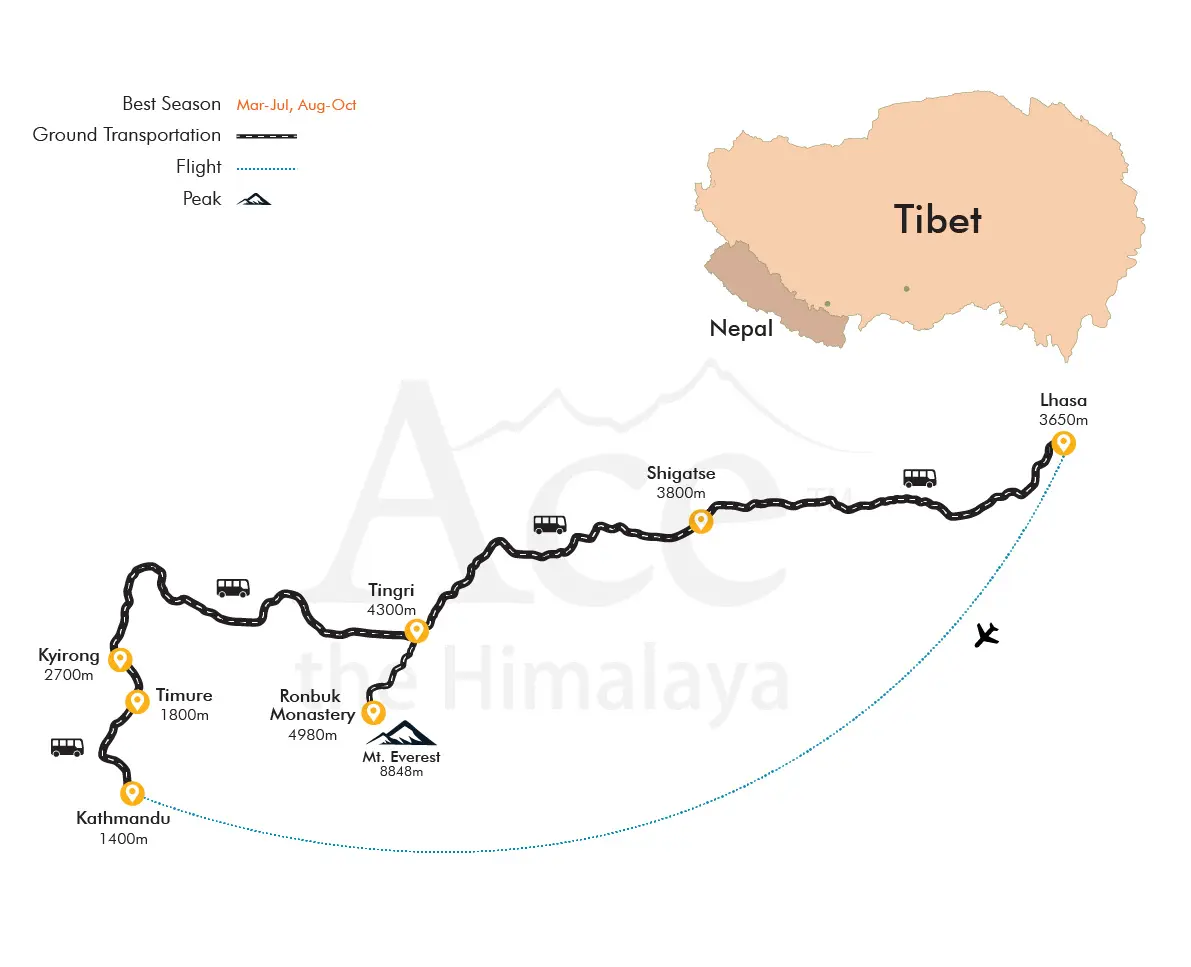Kathmandu to Lhasa Overland Tour with EBC map