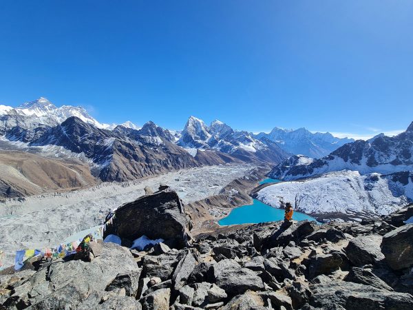 A breathtaking view of Mount Everest and Gokyo Lake from the summit of Gokyo Ri