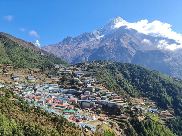 Namche Bazaar with the towering Mt. Thamserku in the background