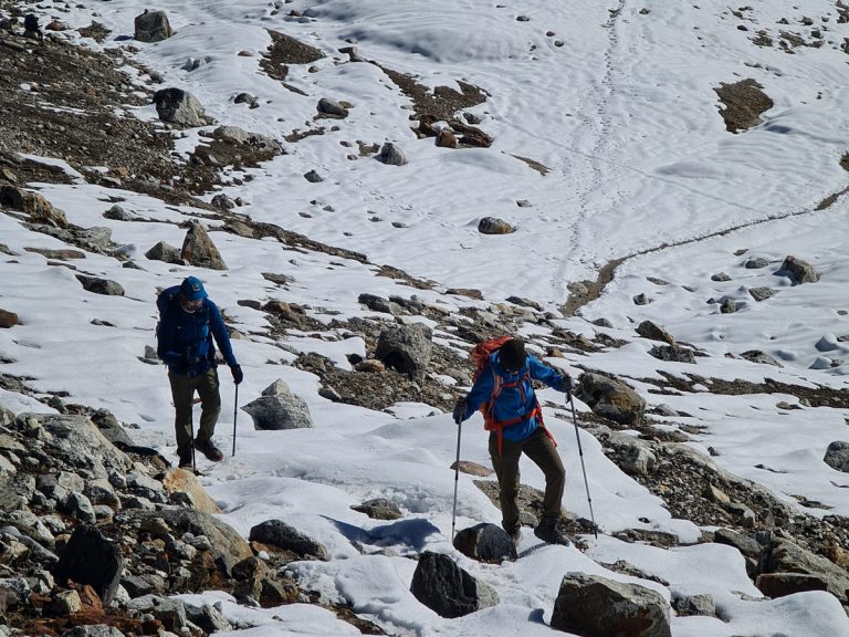 Snow-covered paths lead trekkers on their way to Renjo La Pass.