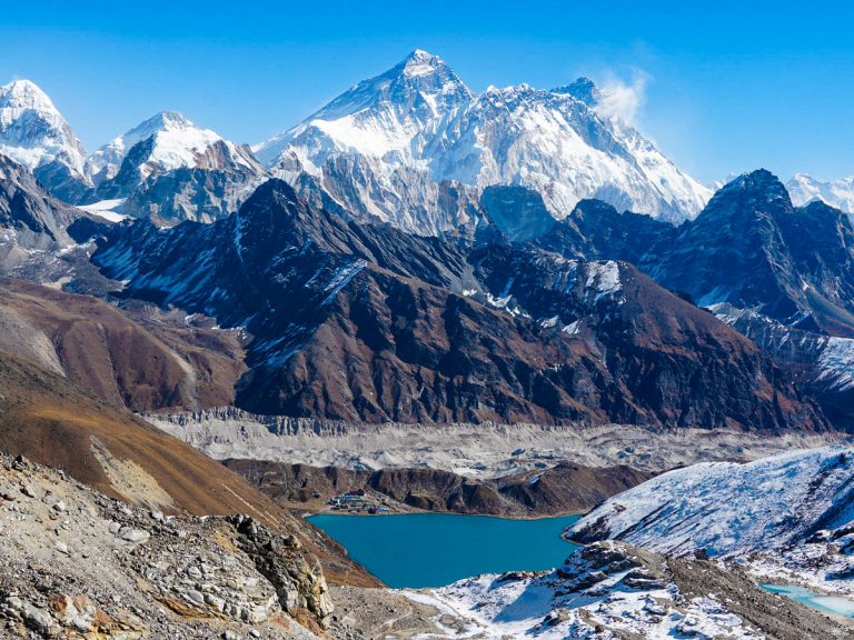 From Renjo La Pass, Mount Everest and Gokyo Lake create a perfect Himalayan vista